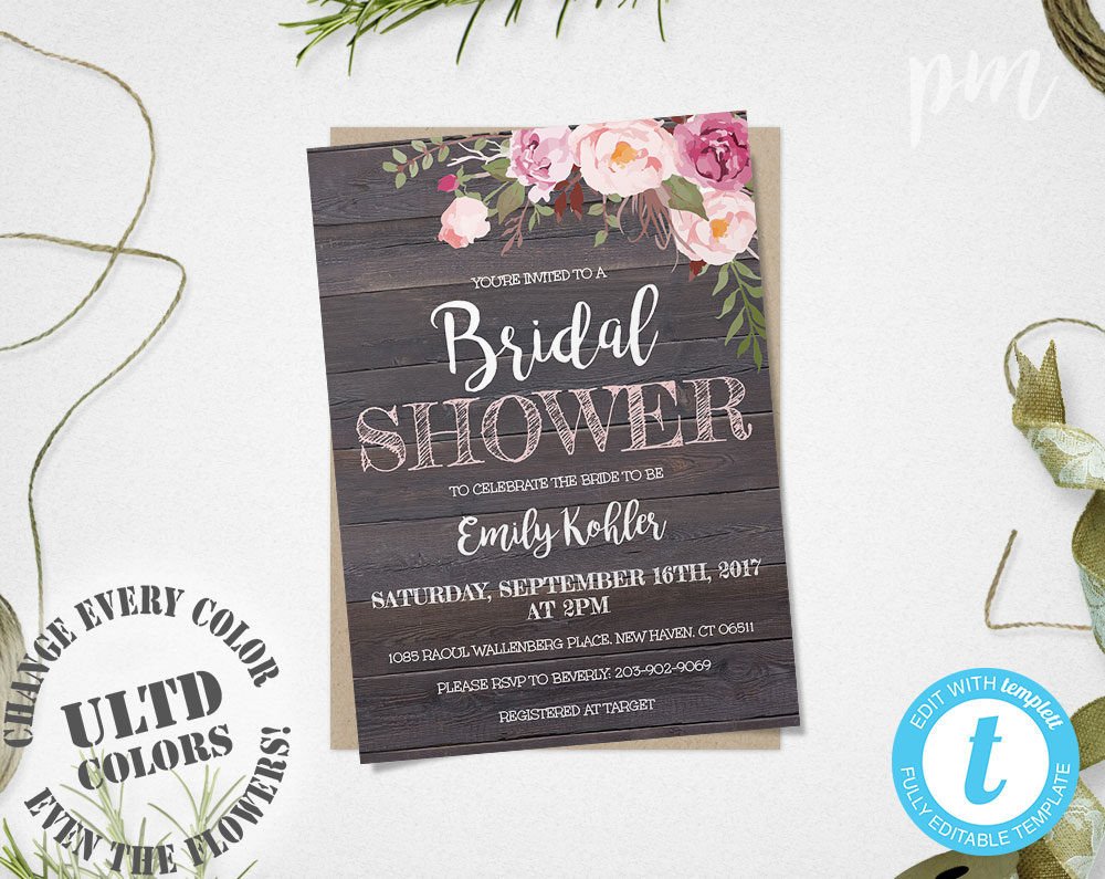 Rustic Floral Bridal Shower Invitation Template Printable