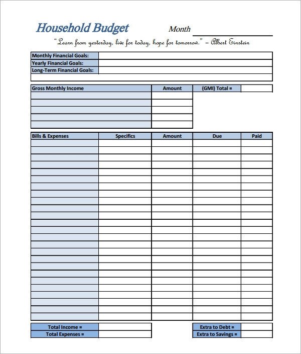 Sample Household Bud 10 Documents in PDF Word Excel