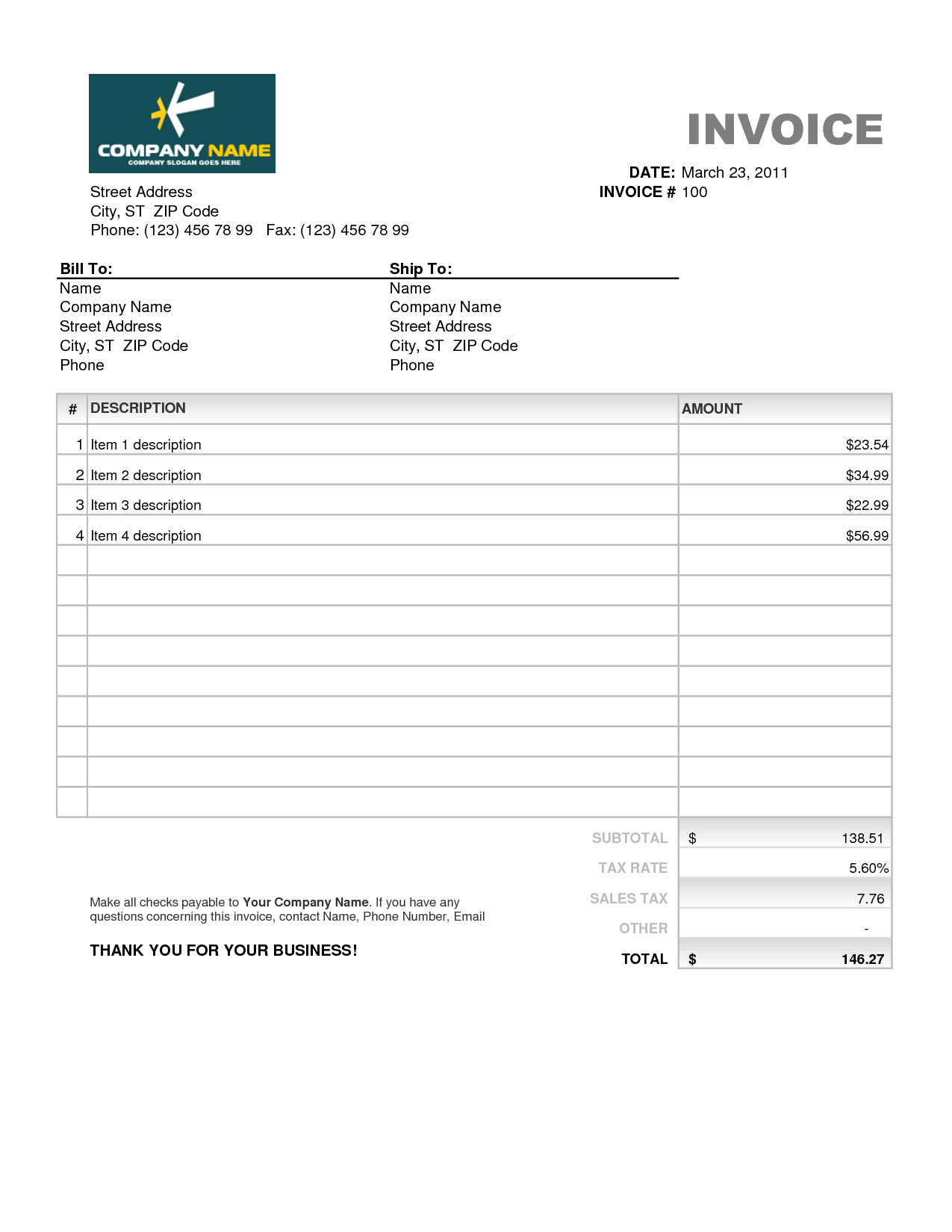 Billing Invoice Template Excel
