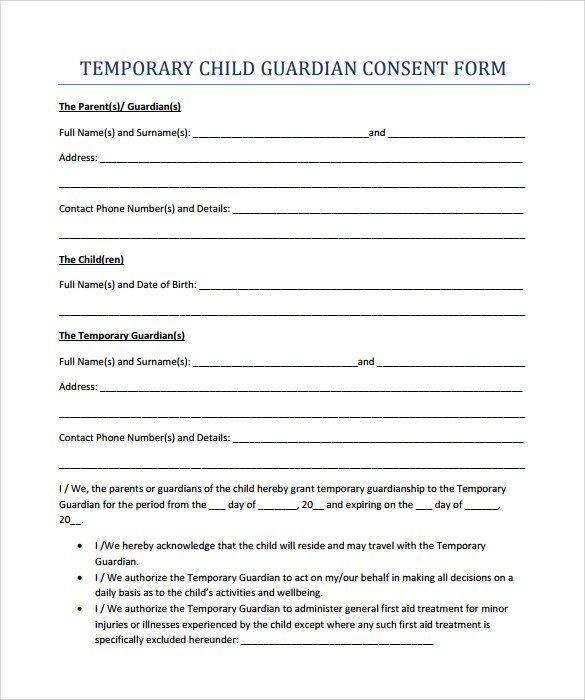 Sample Temporary Guardianship Form 8 Download Documents