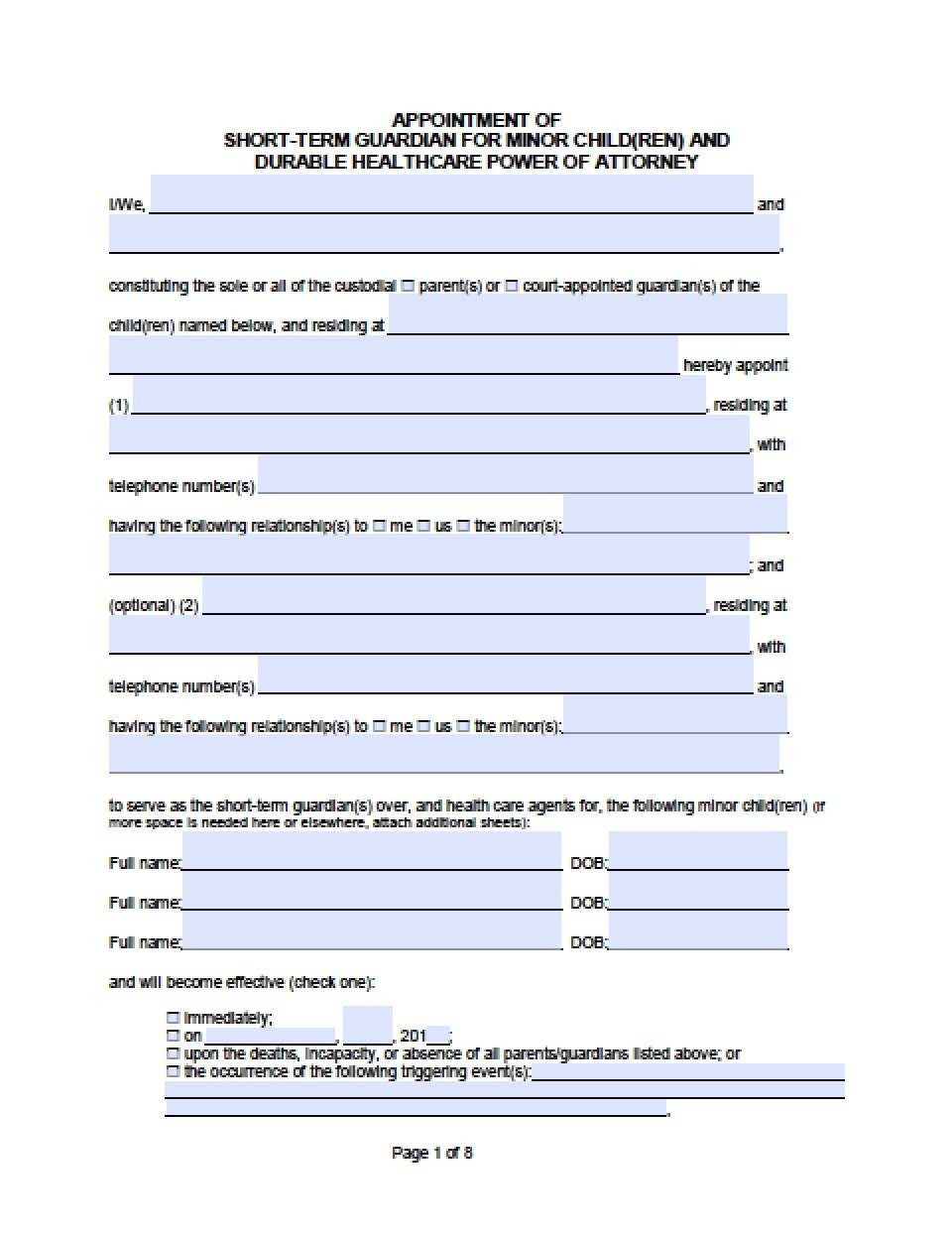 Temporary Guardianship Agreement form California Excellent