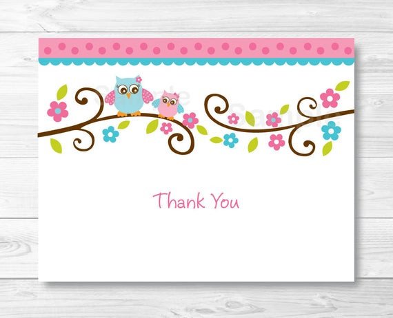 Pink Owl Thank You Card Folded Card Template Owl Baby