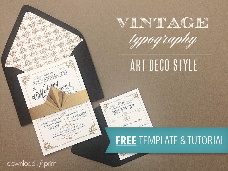 Free Template Vintage Wedding Invitation with Art Deco Band