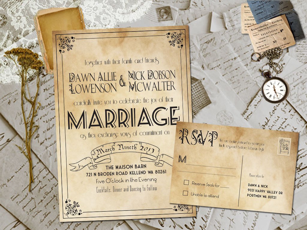 Wedding Invite and RSVP Marvelle Vintage Rustic Personalized
