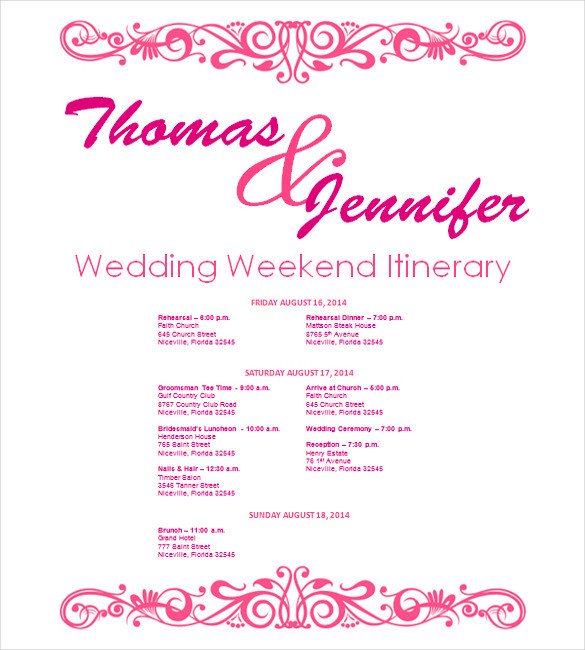 Wedding Itinerary Template 11 Free Word PDF Documents