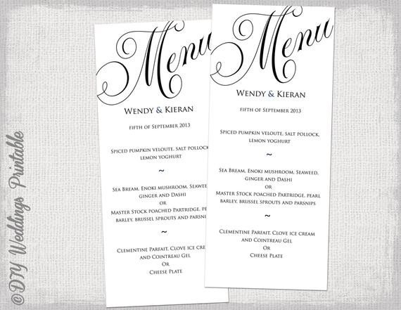 Menu template black and white wedding menu DIY wedding menu