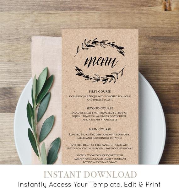Rustic Wedding Menu Template Printable Menu Card Editable