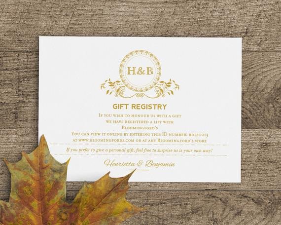Printable Wedding Gift Registry Card Template in Classic Gold