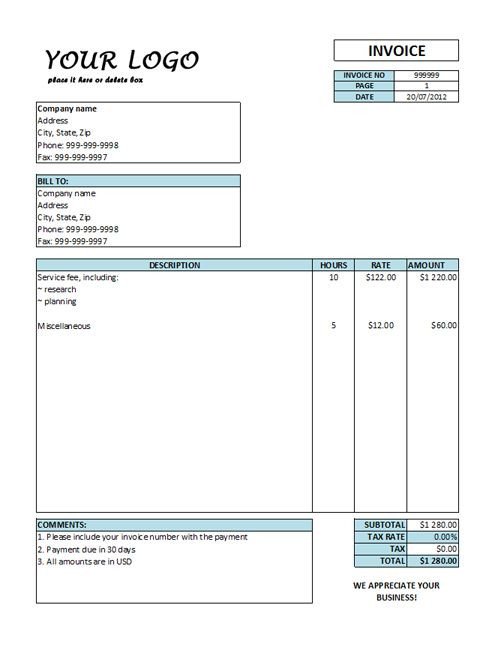 Hourly Invoice Template Hourly Rate Invoice Templates Free