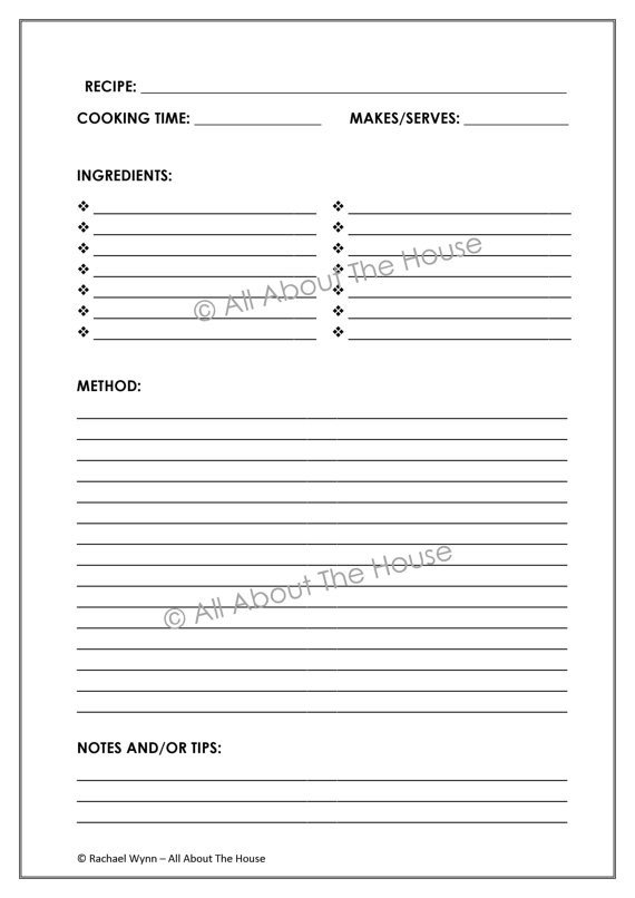 EDITABLE Printable Recipe Sheets Template Meal Planning