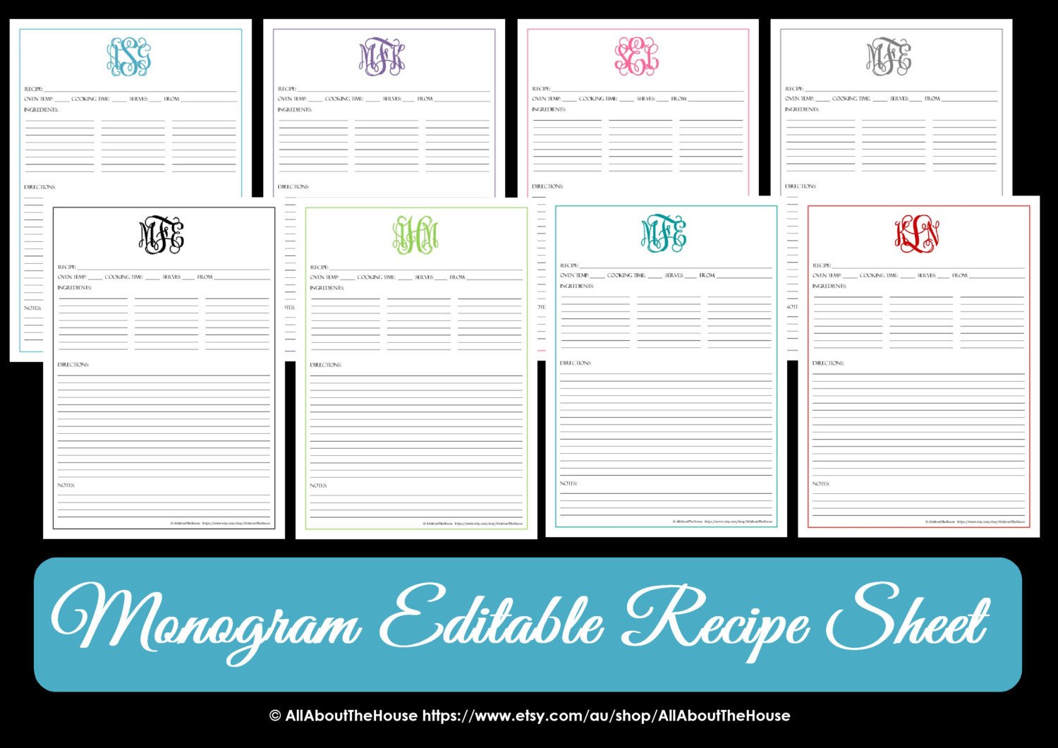 Monogram Recipe Sheet EDITABLE Recipe Card Preppy Template