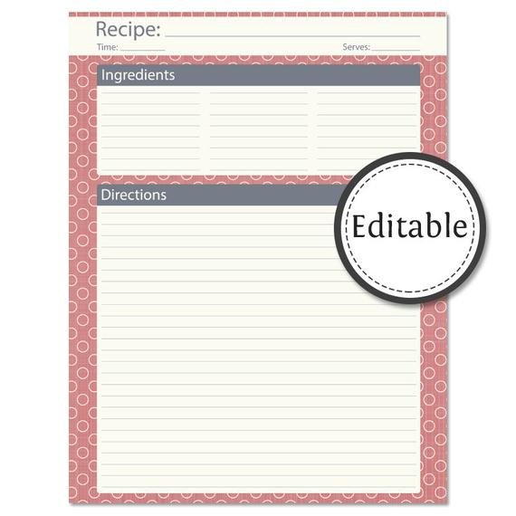 Recipe Card Full Page Editable Instant by