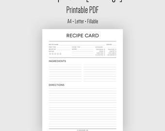 Recipe Card Full Page Fillable Printable PDF Instant