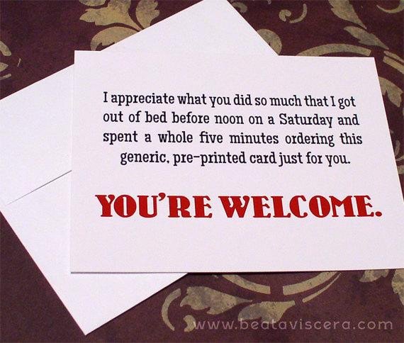 Funny Thank You Cards Set of 6 Six A2 Snarky Sarcastic Flat