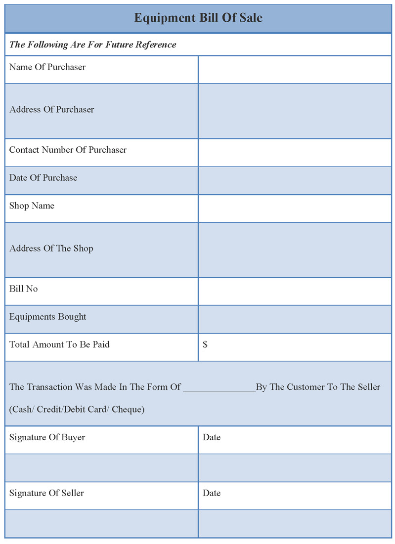 Bill of Sale Template for Equipment Example of Equipment