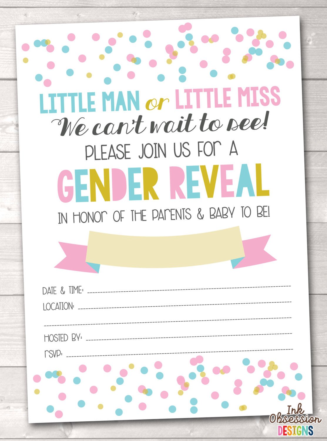 Gender Reveal Invitation Little Man or Little Miss in Pink