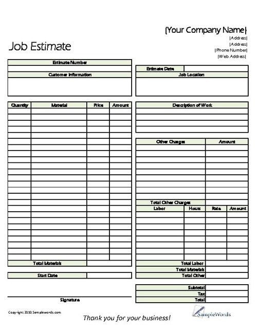 Estimate Printable Forms & Templates