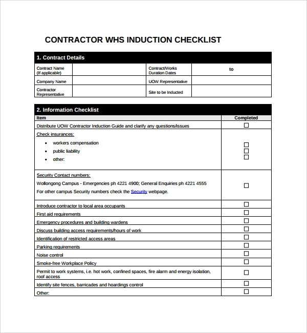 Sample Induction Checklist Template 13 Free Documents