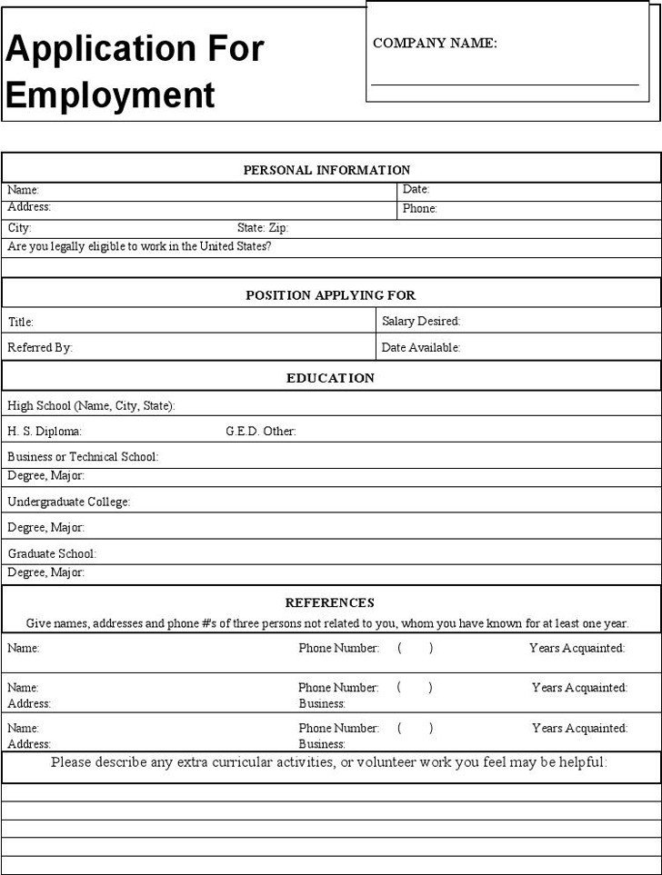 4 Generic Application for Employment Free Download