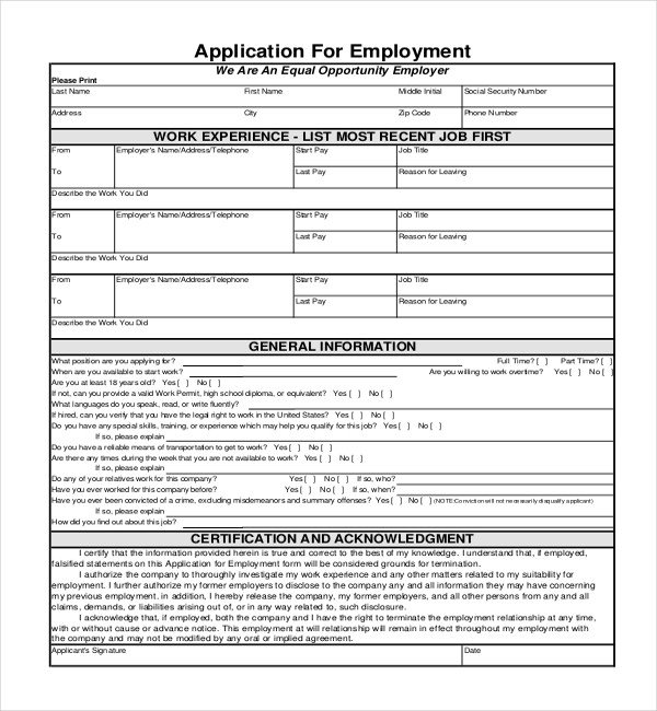 Sample Employment Application Forms 12 Free Documents