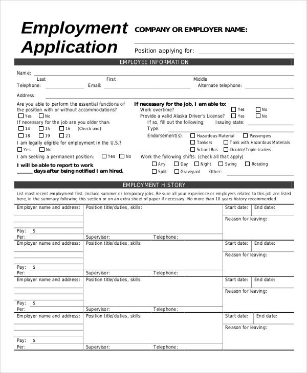 Generic Employment Application Sample 8 Examples in