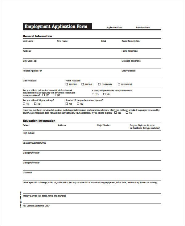 Generic Employment Application Template 8 Free PDF