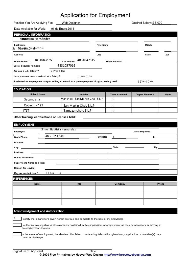 Sample employment application form template