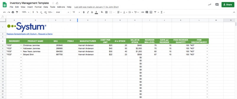 Google Sheets Inventory Template & Management System