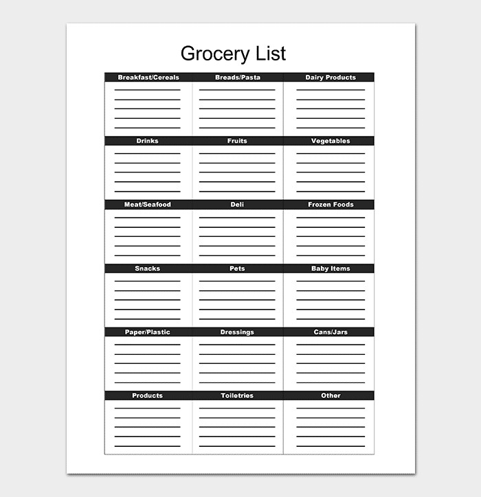 Grocery List Template 16 Shopping Lists Excel Word PDF