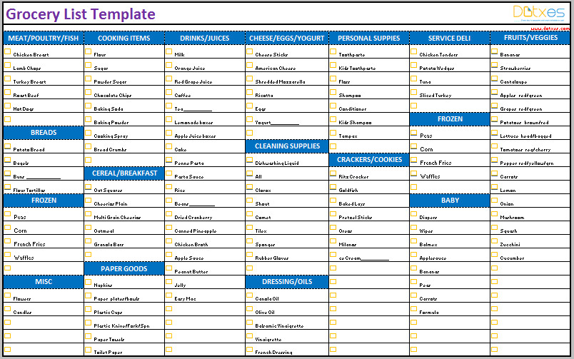 Grocery list template Categorized Dotxes