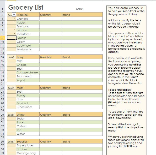 Grocery Shopping List Template For Excel