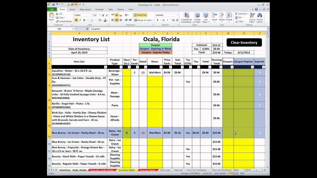 Shopping List Excel Spreadsheet