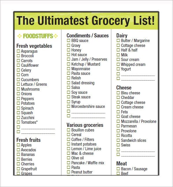 Sample Grocery List Template 9 Free Documents in Word