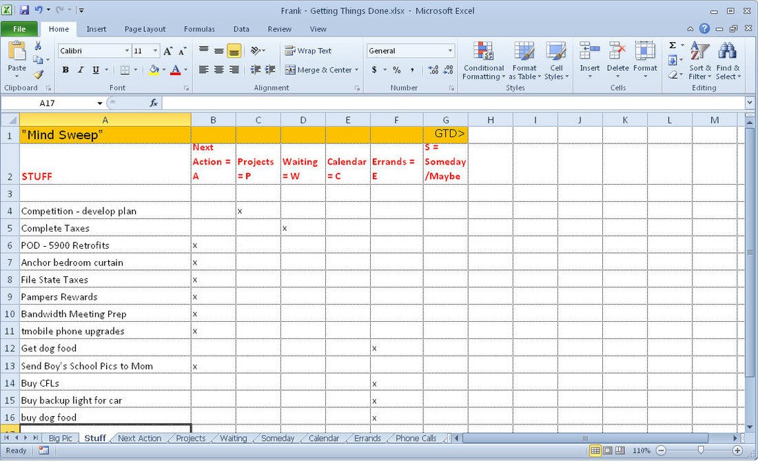 Getting Things Done GTD Excel Template Frank Lio