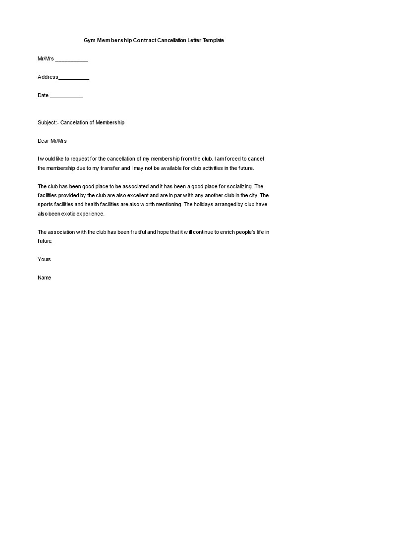 Gym Membership Contract Cancellation Letter Download