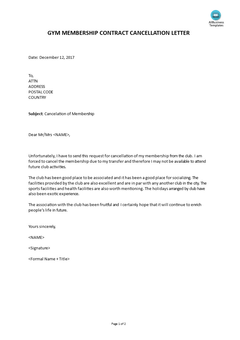 Gym Membership Contract Cancellation Letter