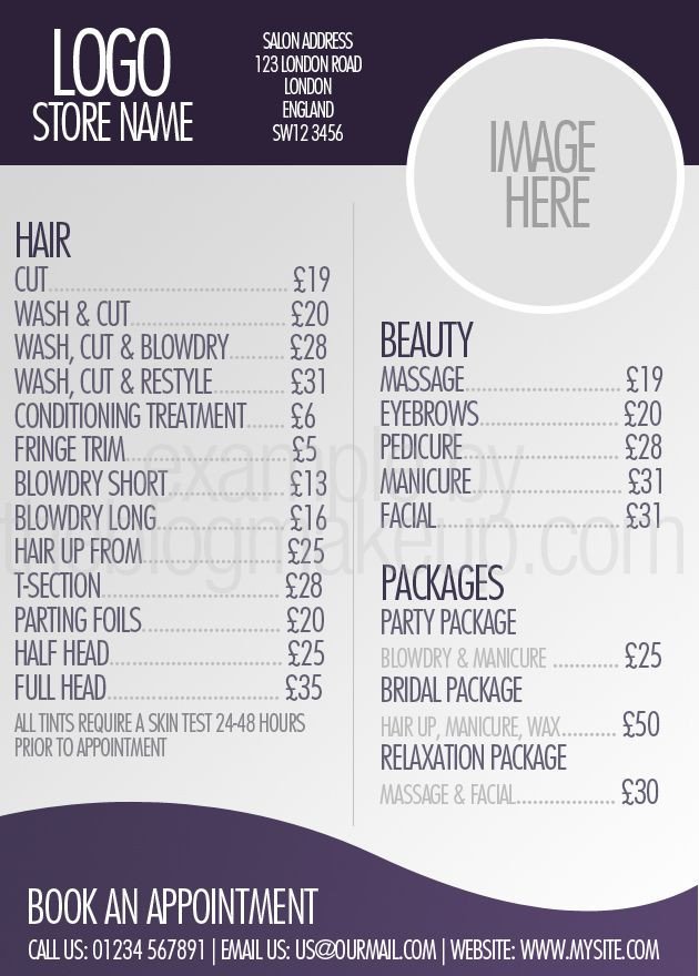 Beautifully designed menus and price lists for salons