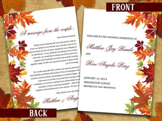 Half Fold Wedding Program Template Microsoft Word Autumn