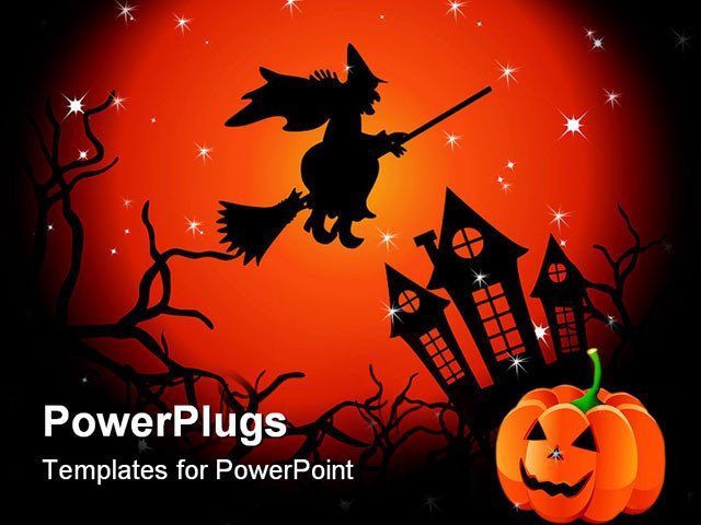 PowerPoint Template halloween witch flying over haunted