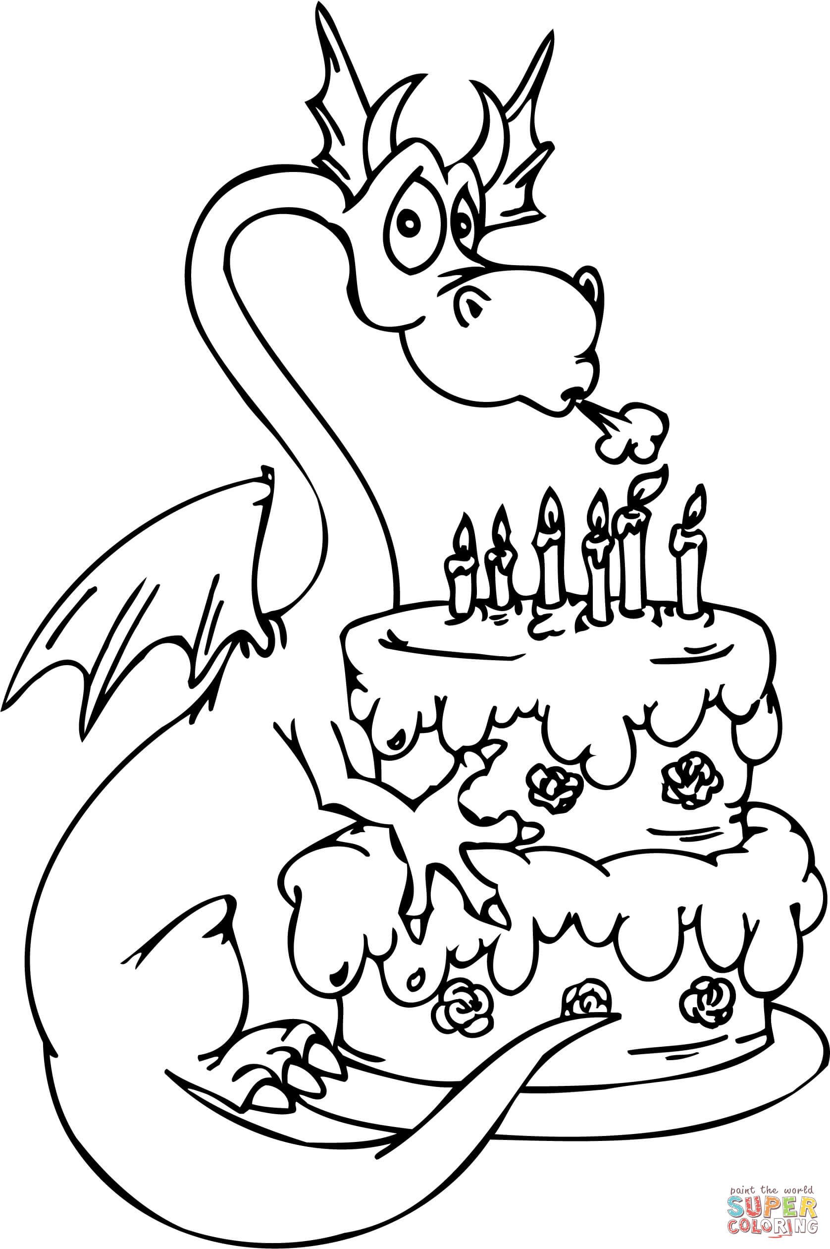 Dragon with Happy Birthday Cake coloring page