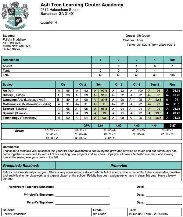 Ash Tree Learning Center Academy Report Card Template