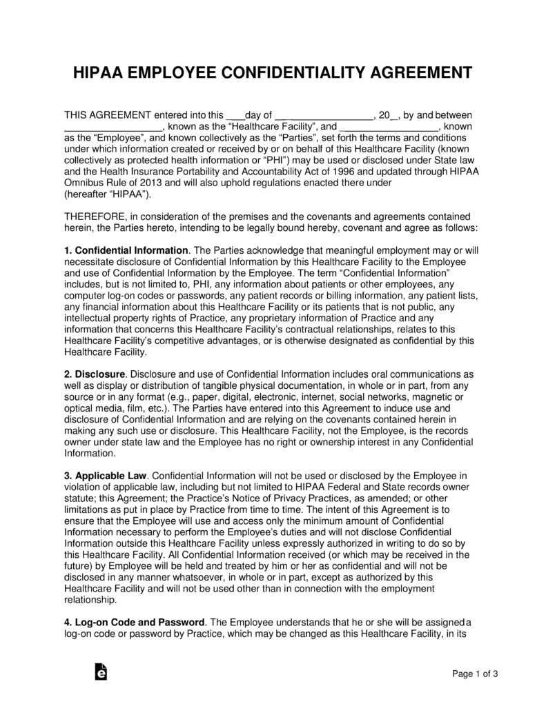 Free HIPAA Employee Confidentiality Agreement PDF