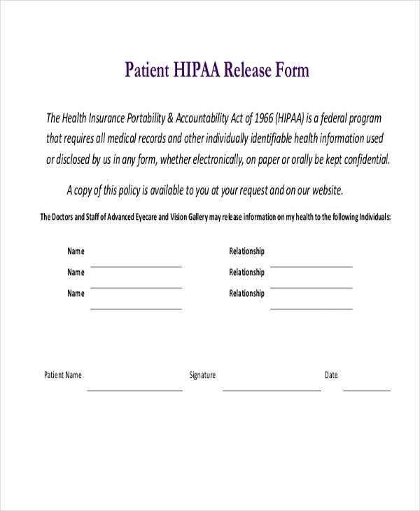 Sample HIPAA Release Form 10 Free Documents in PDF