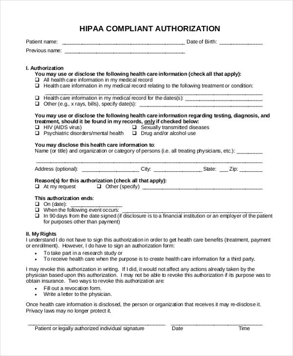 Sample Hipaa Authorization Form 9 Free Documents in Doc