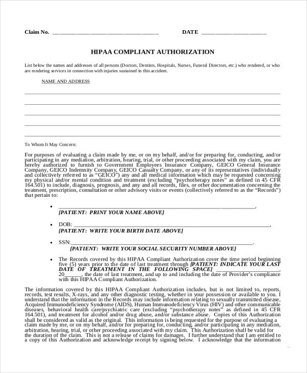 Sample Medical Authorization Form 10 Free Documents in PDF