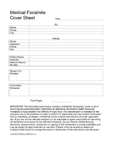 Medical HIPAA Fax Cover Sheet at FreeFaxCoverSheets