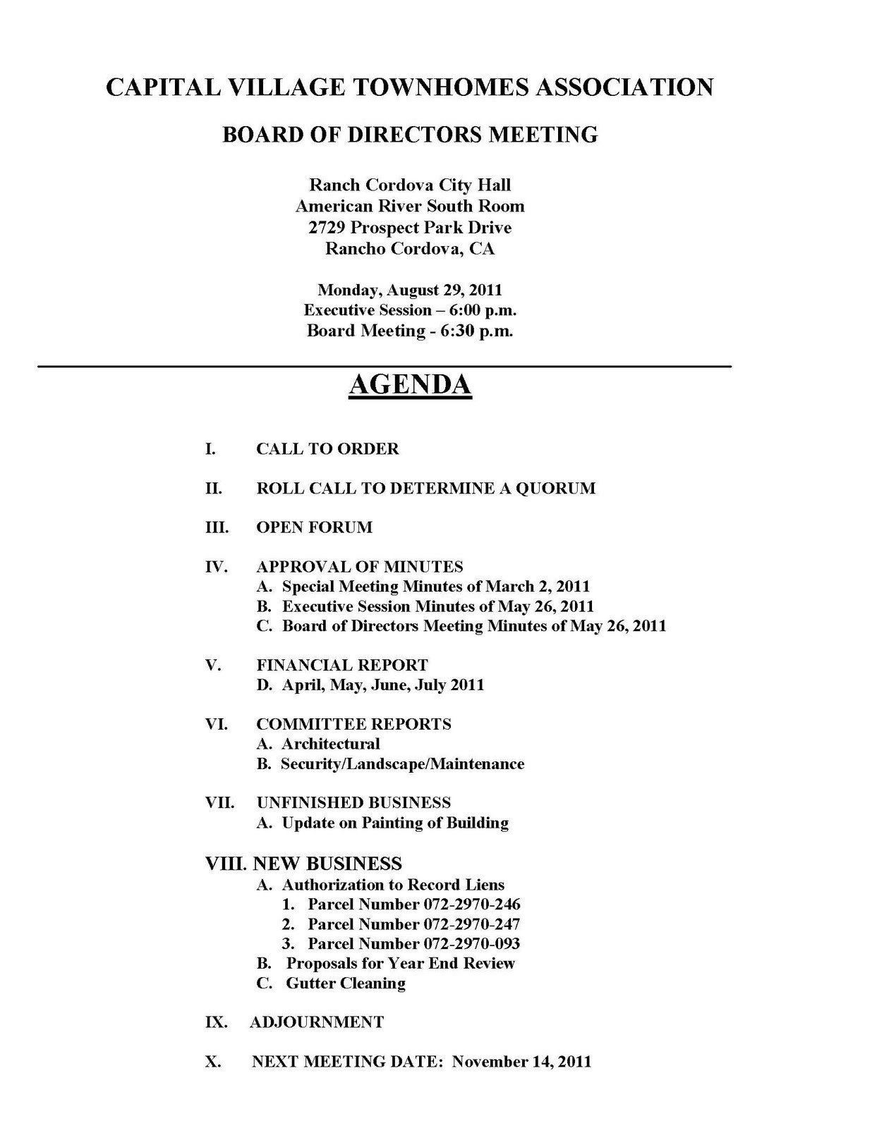 Capital Village Townhome HOA Board Meeting Monday August