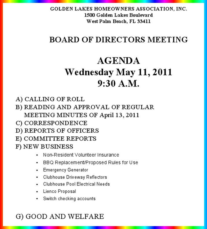 Notice of HOA Board Meeting – Wednesday – May 11 – 9 30 am