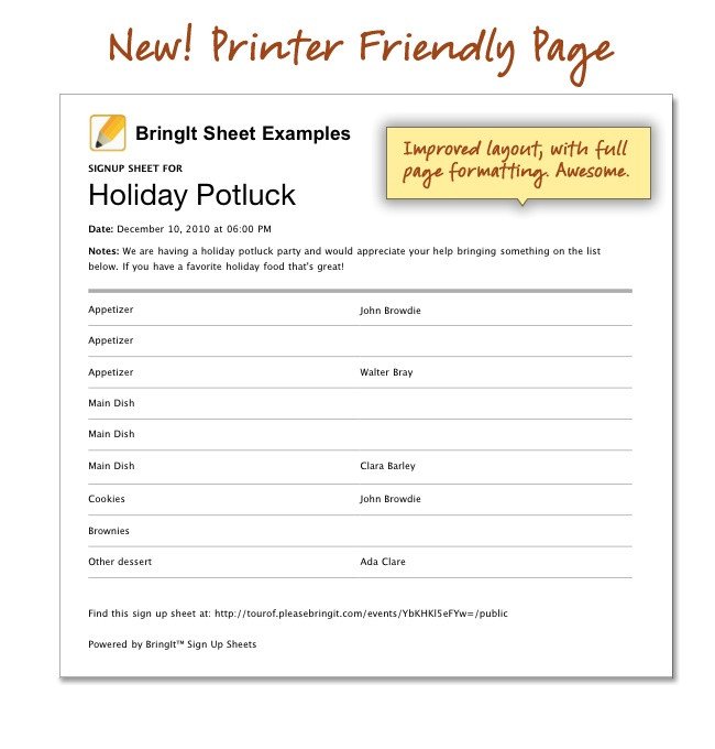 Printable holiday potluck sign up sheet