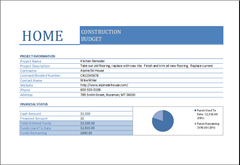 Home Construction Bud Worksheet for EXCEL